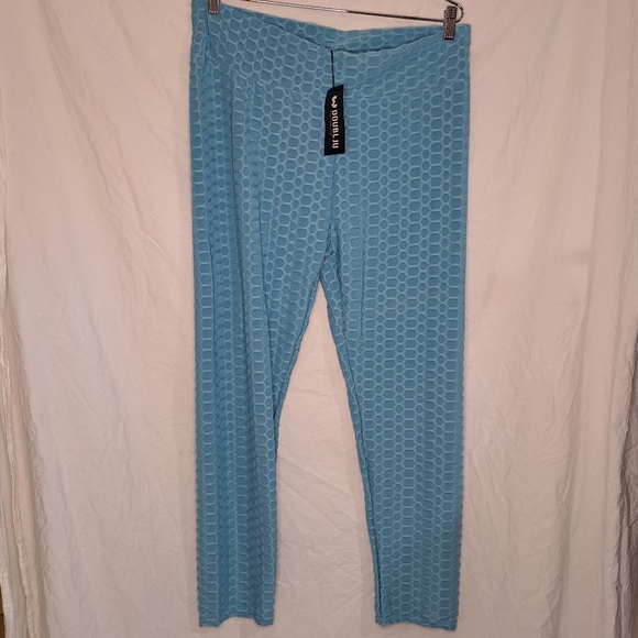 Doublju Leggings Turquoise Plus Size 2X Light Blue NWT Honeycomb Pattern - Picture 2 of 8
